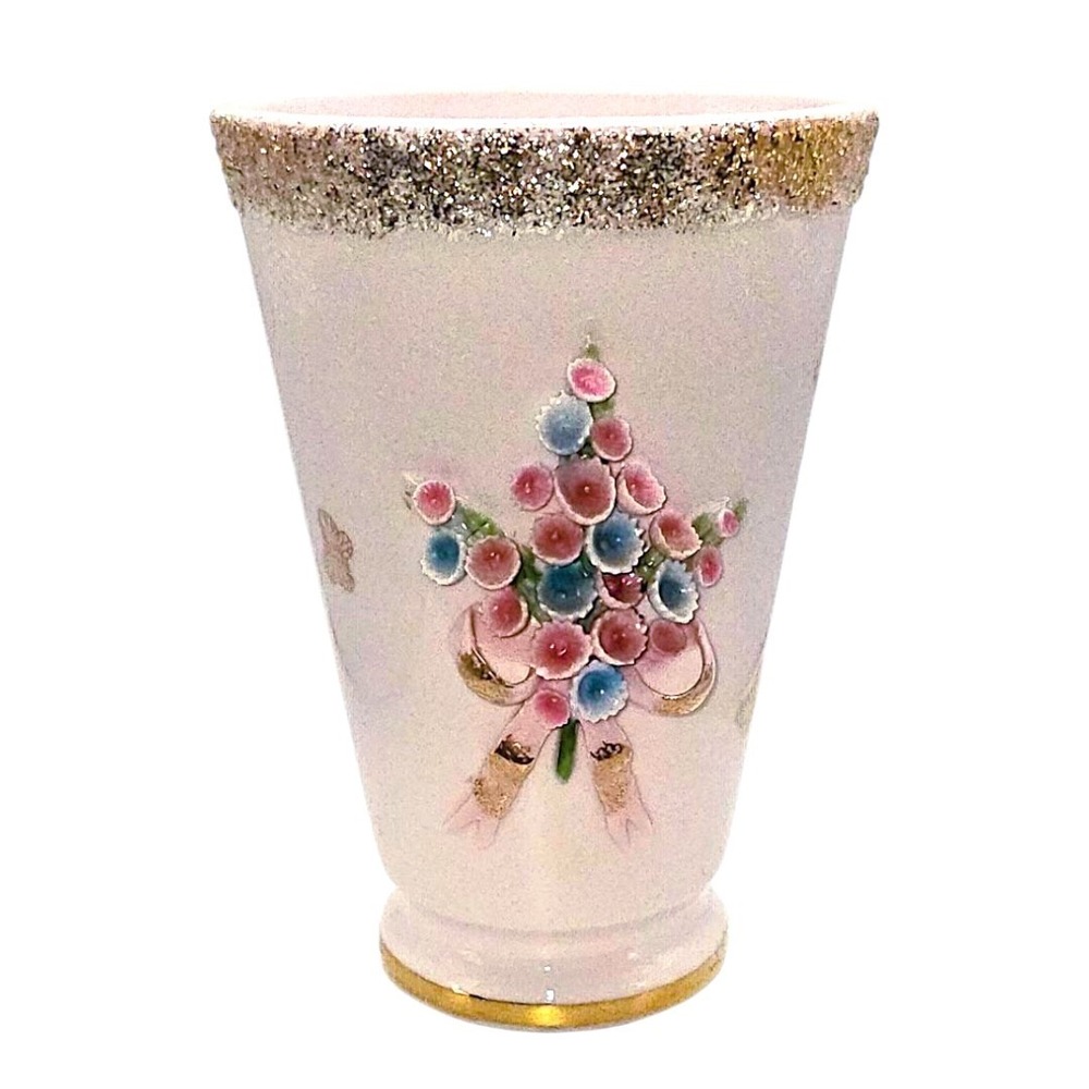 7" Lefton Hand Painted Pink & Blue 3D Flower Bouquet Vase Gold Butterflies Trim